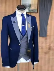 2024Jacquard Tuxedo Suits for Men Wedding Slim Fit Navy Blue and Gold Gentleman Jacket with Vest Pant 3 Piece Male Costume