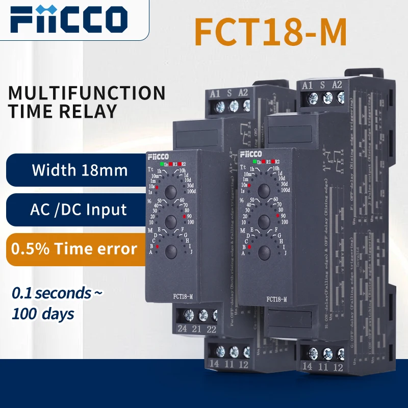 

Fiicco FCT18-M 12V 24V 48V 110V 220V Din Rail Multifuntion Timer Relay with NPN/PNP Control Signal for Control Panels