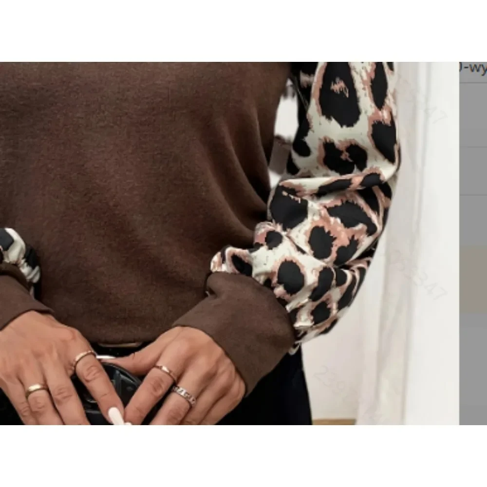 حجم كبير 1XL-5XL المرأة موضة ليوبارد طباعة المرقعة تي شيرت السيدات عادية كم طويل قمم تي شيرت