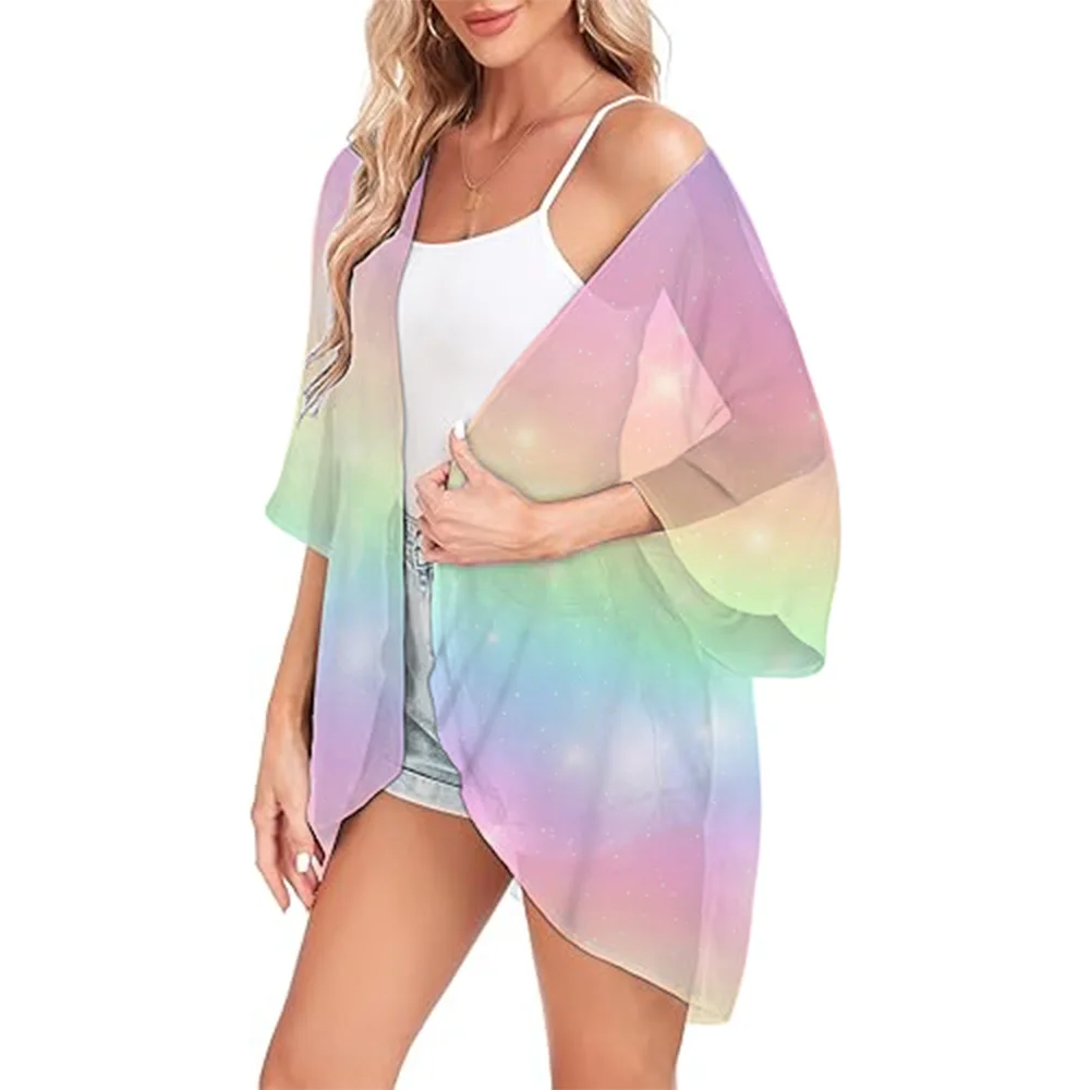 Summer Kimono Chiffon Cardigan Tops Gradient Printed 2024 New Women Beach Cover Up Tops Beachwear Hawaii Chiffon Cardigan Shirts