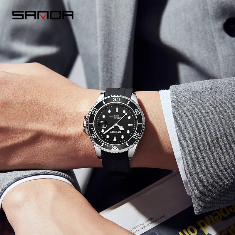 SANDA Men's Quartz Business Watch Luxury Fashion Man Watch  Luxury 5ATM Waterproof Silicone Calendar Watch Men Jewelry Clock