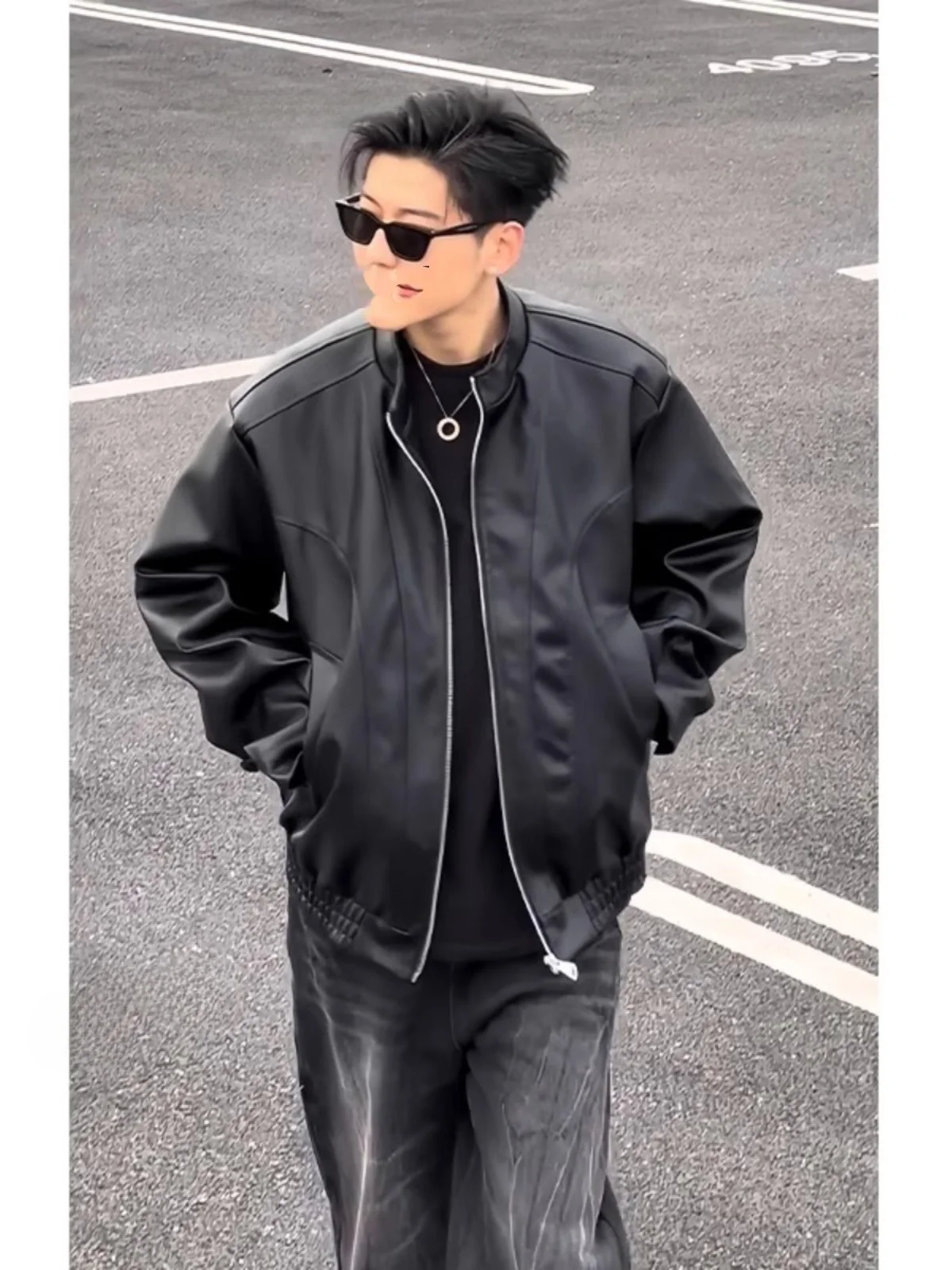 

Bla Leather Jaet Men's Sle Spring Autumn Cleanfit Flight Jaet Trendy Workwear Baseball orm Loose Fit Anti-Wrinkle