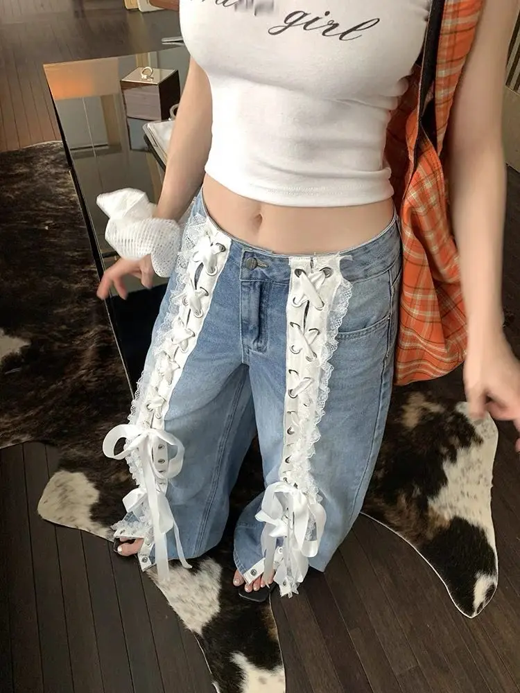 Amerikanisches Retro-Design in Übergröße für Damen, schwere Spitzen-Schnürjeans, Spitzen-Y2K-Spleißen für Mädchen, lässige bodenlange Hose, 2025