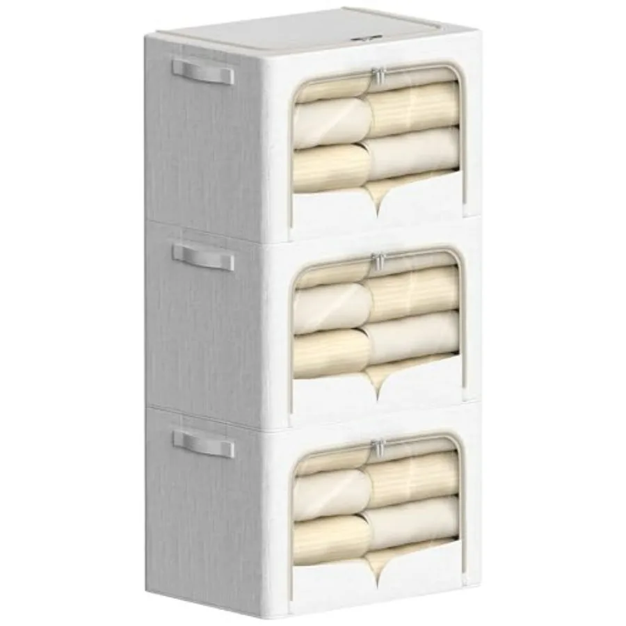 

3 Pack Foldable Metal Frame Clothes Storage Bins - Stackable Linen Fabric Organizer with Carrying Handles and Clear Window - Cr