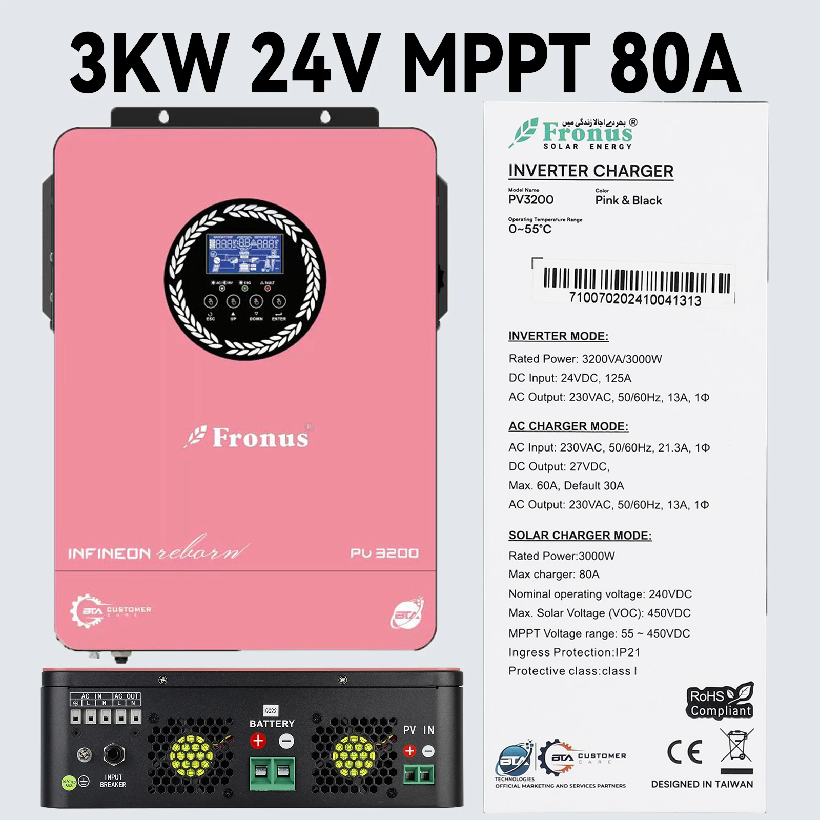 PowMr Hybrid Solar Inverter 3KW 24V 1.8KW 12V MPPT 80A Off Grid Solar Inverter Pure Sine Wave Max PV Input 3KW 2KW 220V 230V