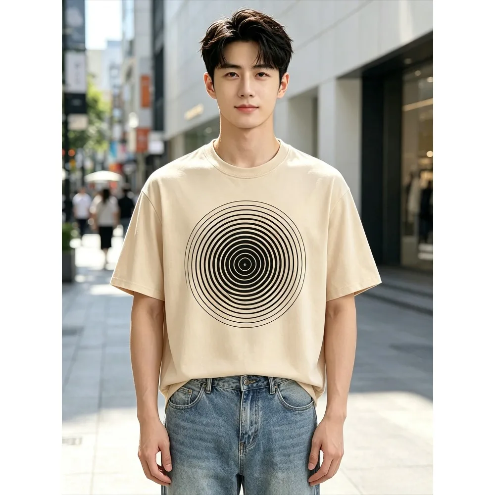 Optical Illusion Concentric Circles Graphic Men T-Shirt Minimal Geometric Casual Streetwear Tee