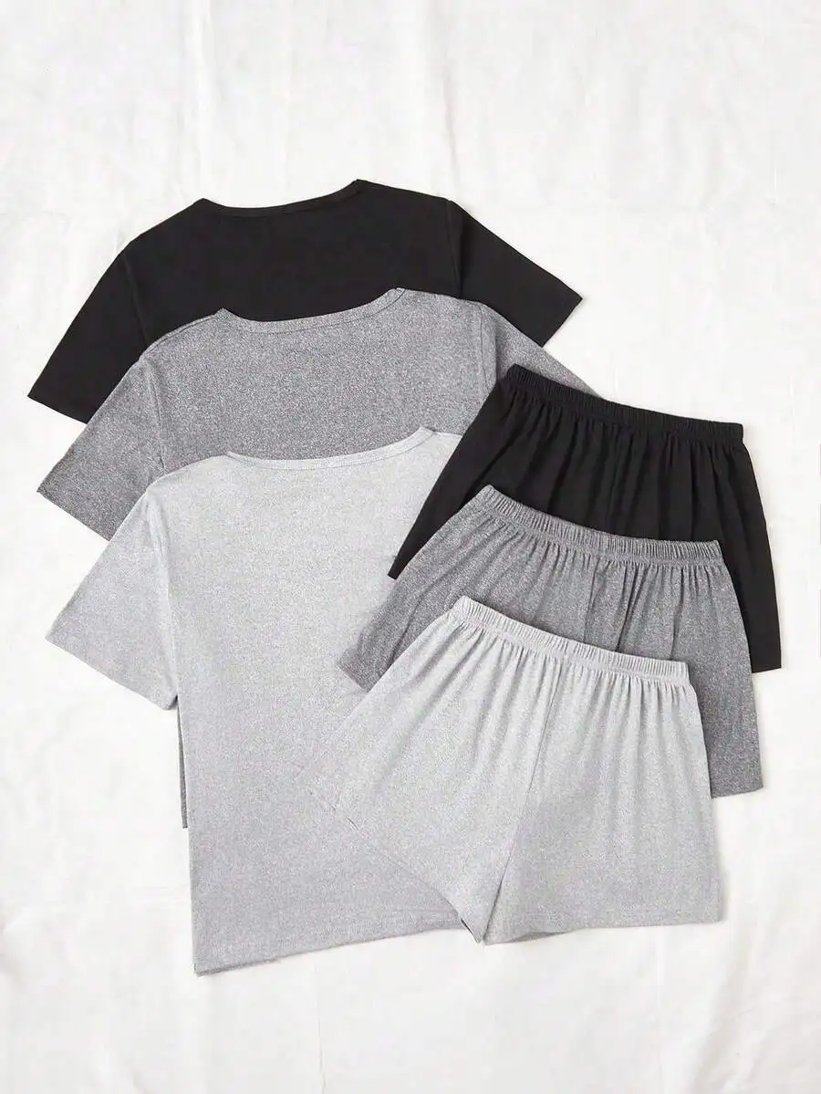 3pcs Solid Color Crew Neck Short Sleeve Pajama Set With Shorts