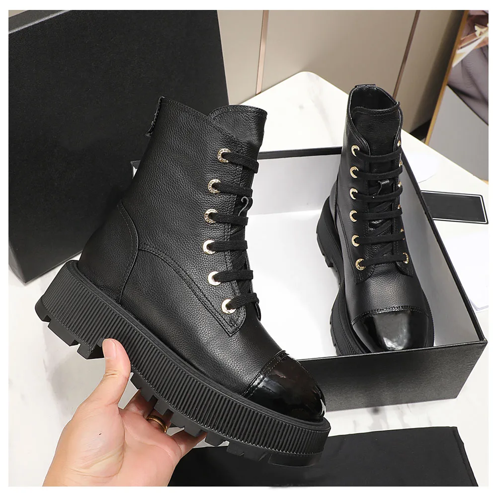 Botas de piel auténtica para mujer, zapatos informales de piel de vaca de alta calidad con fondo grueso, Otoño e Invierno