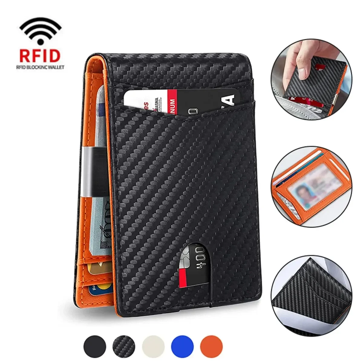 DIENQI-Rfid Carbon Fiber Card Holder Wallets Men Business Small Slim Mini Money Bag Bifold Leather Wallets for Men Male Vallet