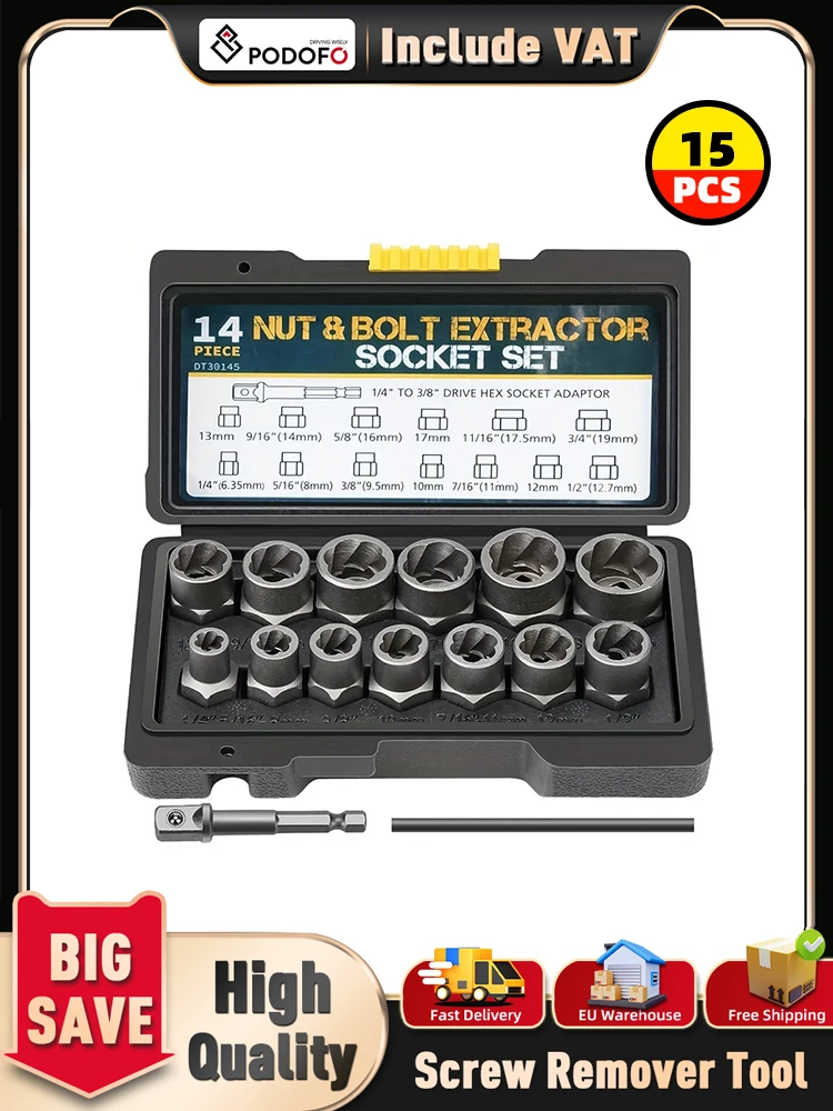 Podofo 15-teiliges Schlagschraubenschlüssel-Set, Muttern- und Schraubenausdreher mit Verlängerungsstange und Adapter, Cr-Mo-Stahl-Ausdreher mit Aufbewahrungsbox für Autoreparaturen