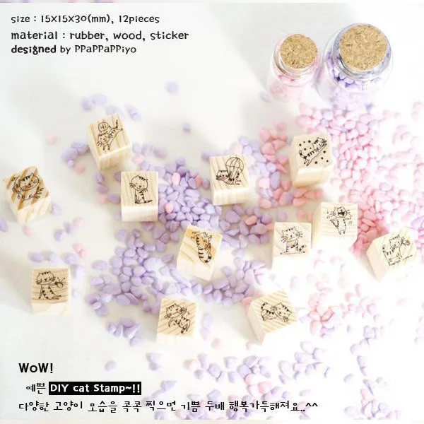12 Pcs/box Cute Little Cat Mini Cartoon Stamp DIY Wooden Rubber Stamps for Scrapbooking Stationery Scrapbooking Standard Stamp