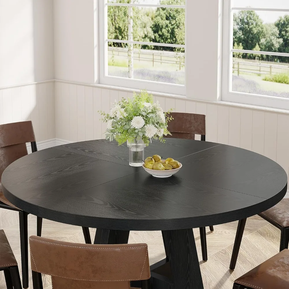 Round Dining Table Wood Kitchen Table，47 in Dinning Room Tables for 4 Man, Farmhouse Dinner Table with Wooden Tabletop, Black