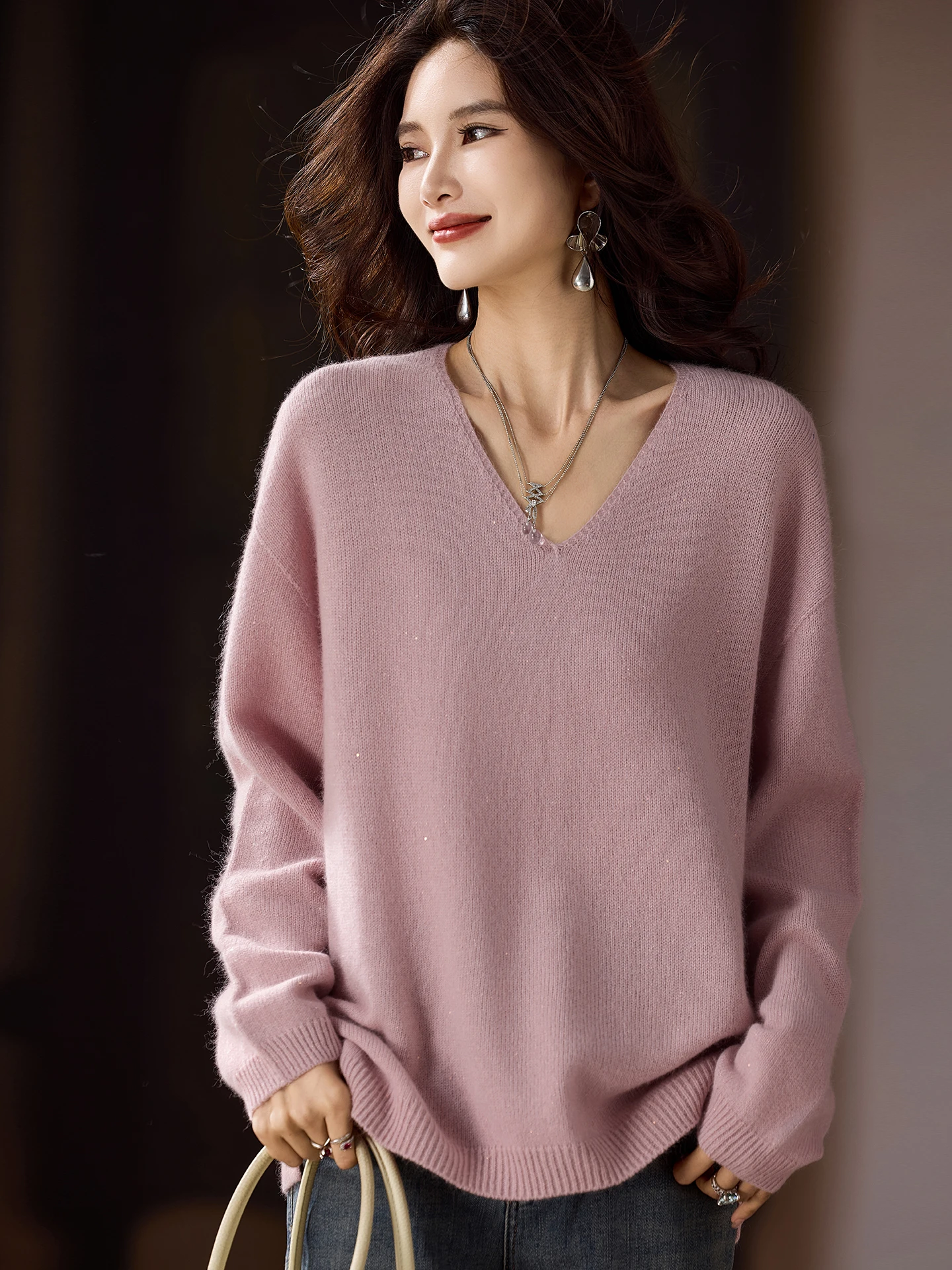 

Женский шерстяной свитер Ele V-Neck, свободный вязаный топ, осенняя новинка, большие размеры, уличный стиль, однотонный, повседневный, модный