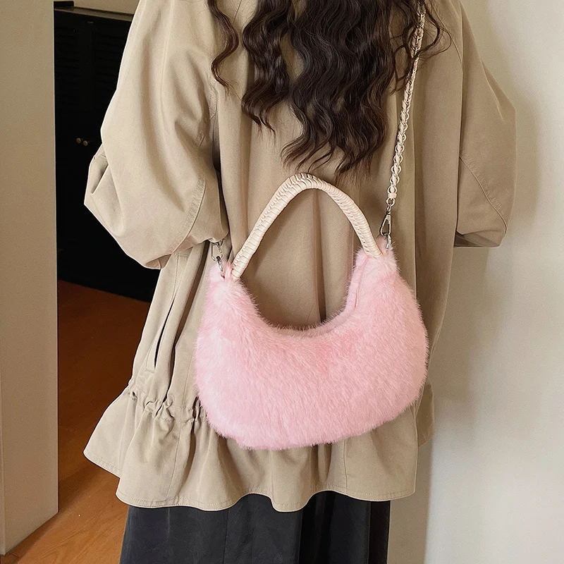 Halbmond-Design Lammwoll-Handtasche Clutch für Damen 2026 Winter Weiche Flauschige Handtasche Halbkreis-Plüsch-Umhängetasche Bolsa – Detail 5