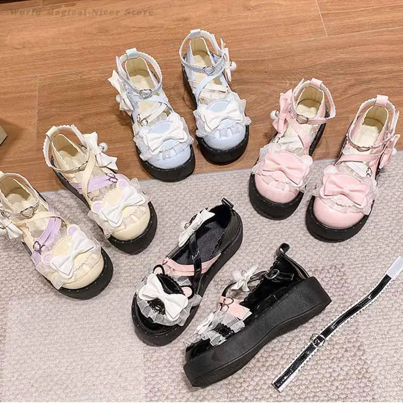 

Japanese Sweet Loli Single Shoes Lovely Bowknots Platform Shoe Height Increasing Insoles Lace Tea Party Mary Jane Single Pumps