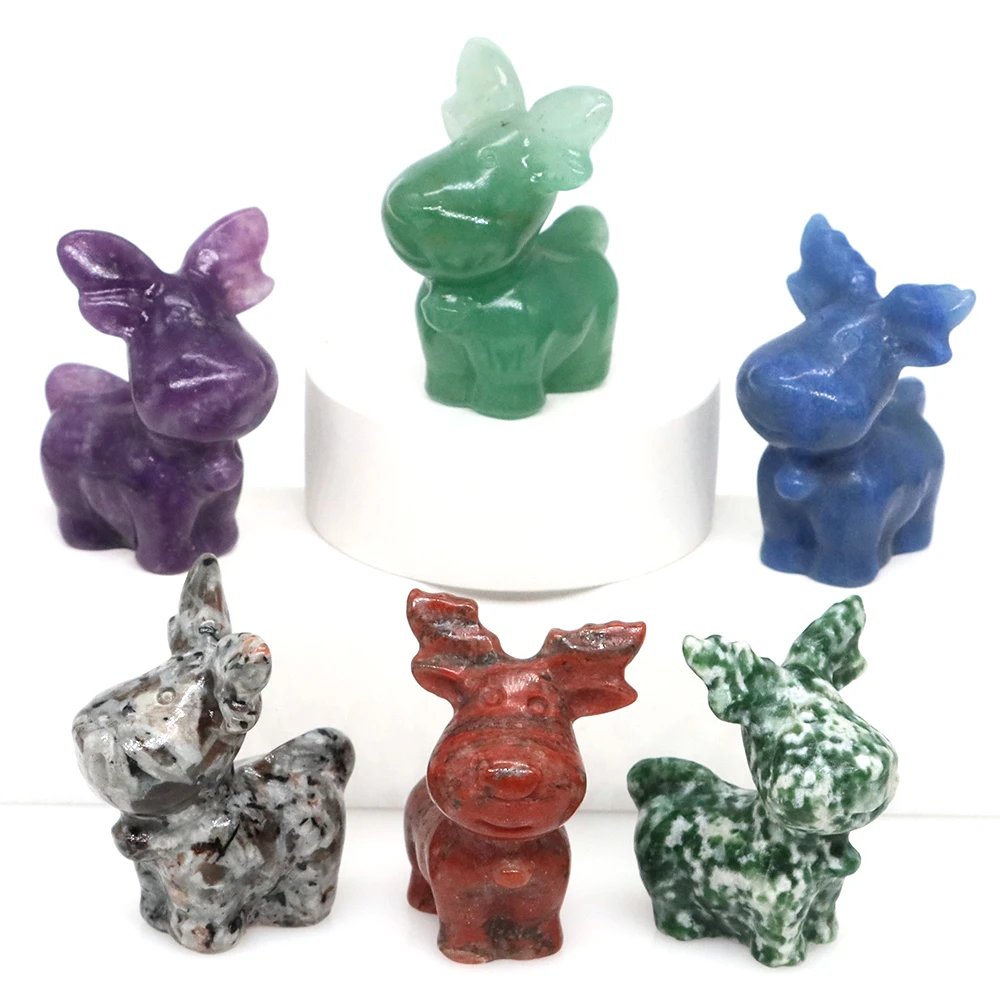 

1.5" Elk Deer Statue Natural Stones Reiki Healing Crystal Gemstones Carved Nordic Christmas Reindeer Animals Figurine Home Decor