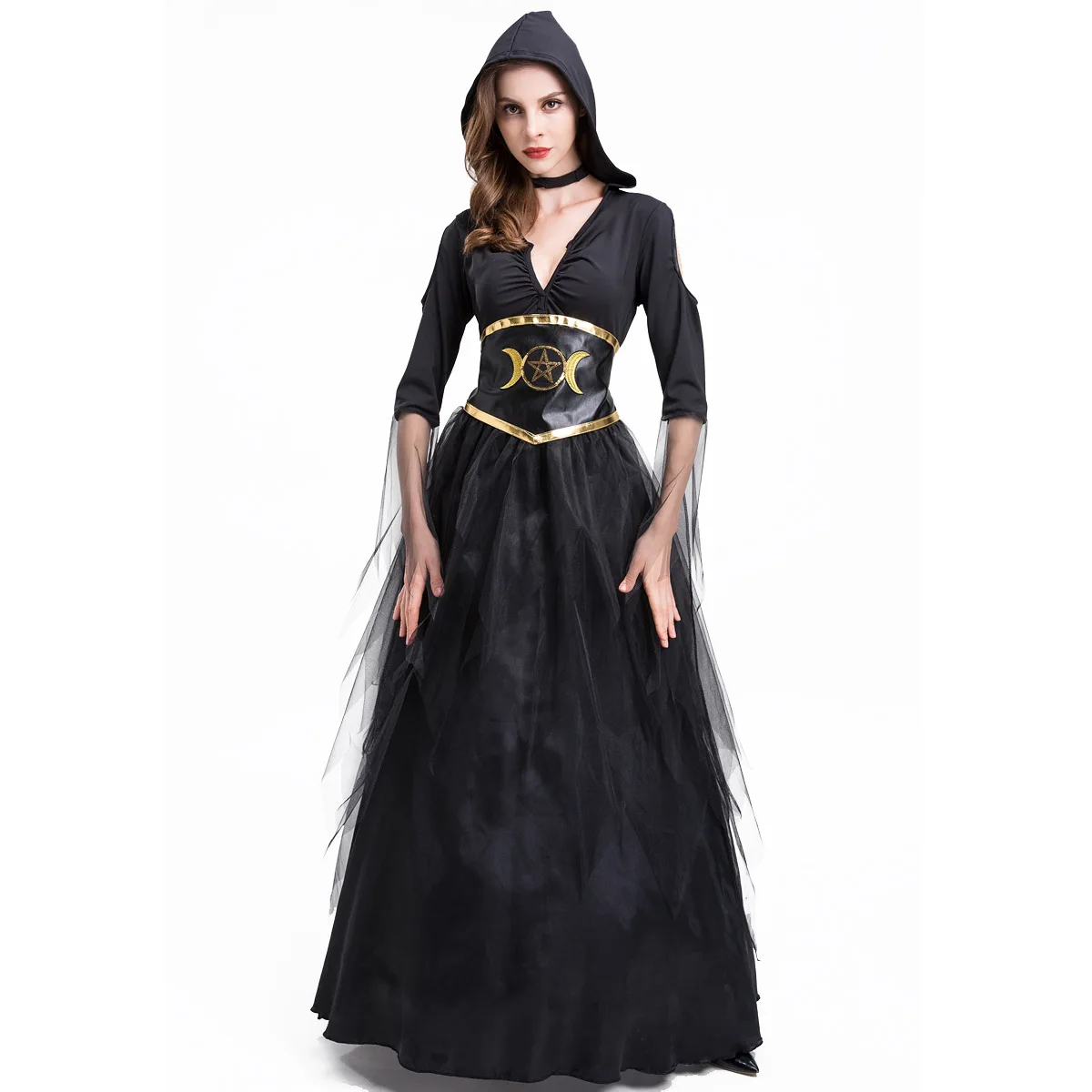 

Halloween Cosplay Vampire Female Witch Costume For Masquerade Party - Hooded Gauze Dress Fortune Teller Performance Costume