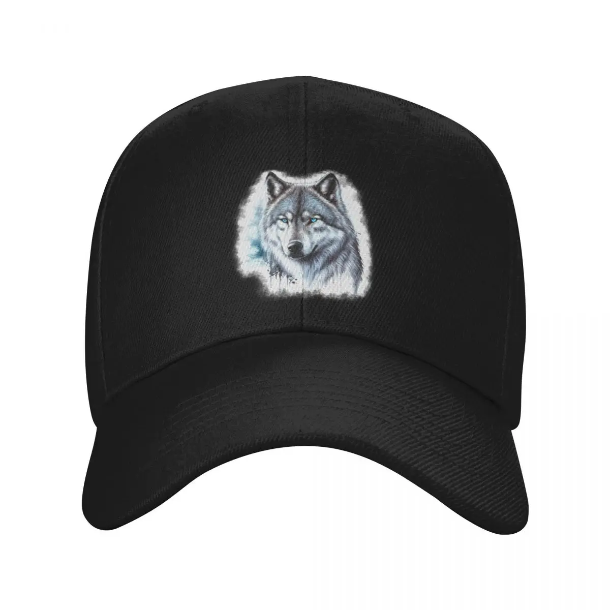 Blue Eyed Wolf painting with splatter paint and abstract background Baseball Cap Beach Outing Trucker Cap Caps For Men Women's