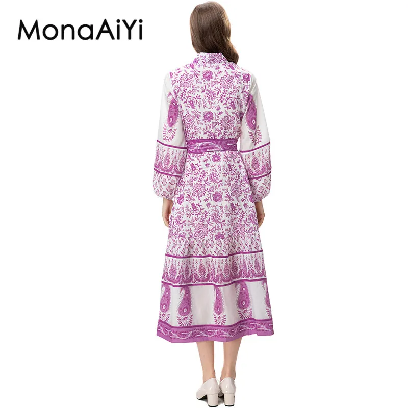 MonaAiYi New Fashion Designer Women's Stand Collar Puff Sleeve Detachable Girdle Printing Purplish Red Retro Casual Dress