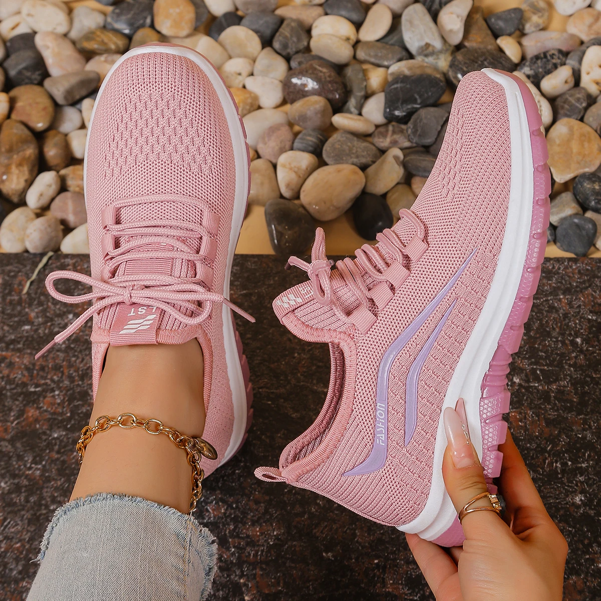 2026 New Fashion Women Double Layer Pattern Sneakers Light Breathable Nonslip Lace Up Casual Walking Shoes Daily Commute Outdoor