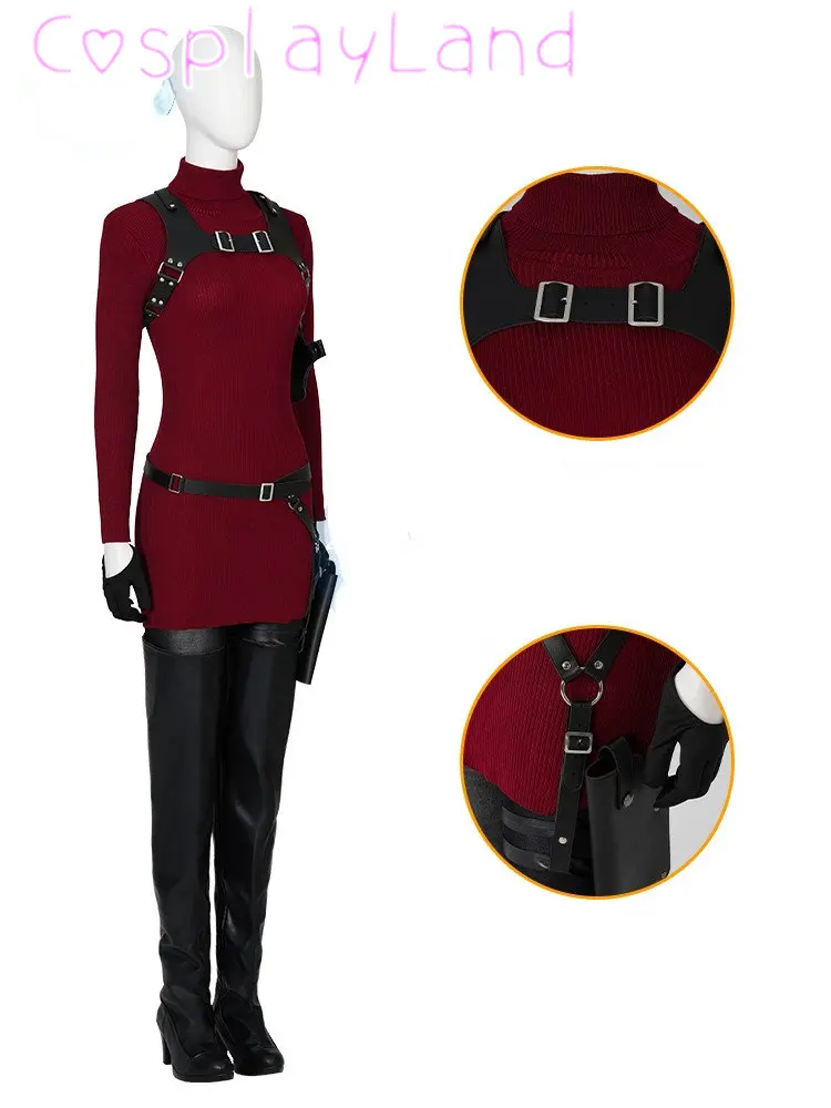 Costume de Cosplay Ada Wong avec Chaussures pour Femme, Vêtements pour Résident 4, Robe Rouge, Ensemble de Jeu d'Halloween