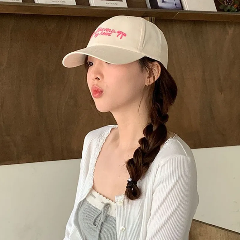 

Korean Bow Embroidery Letter Contrasting Baseball Cap Women's Leisure Outdoor Curved Brim Shading Adjustable Sports Hat Gorras