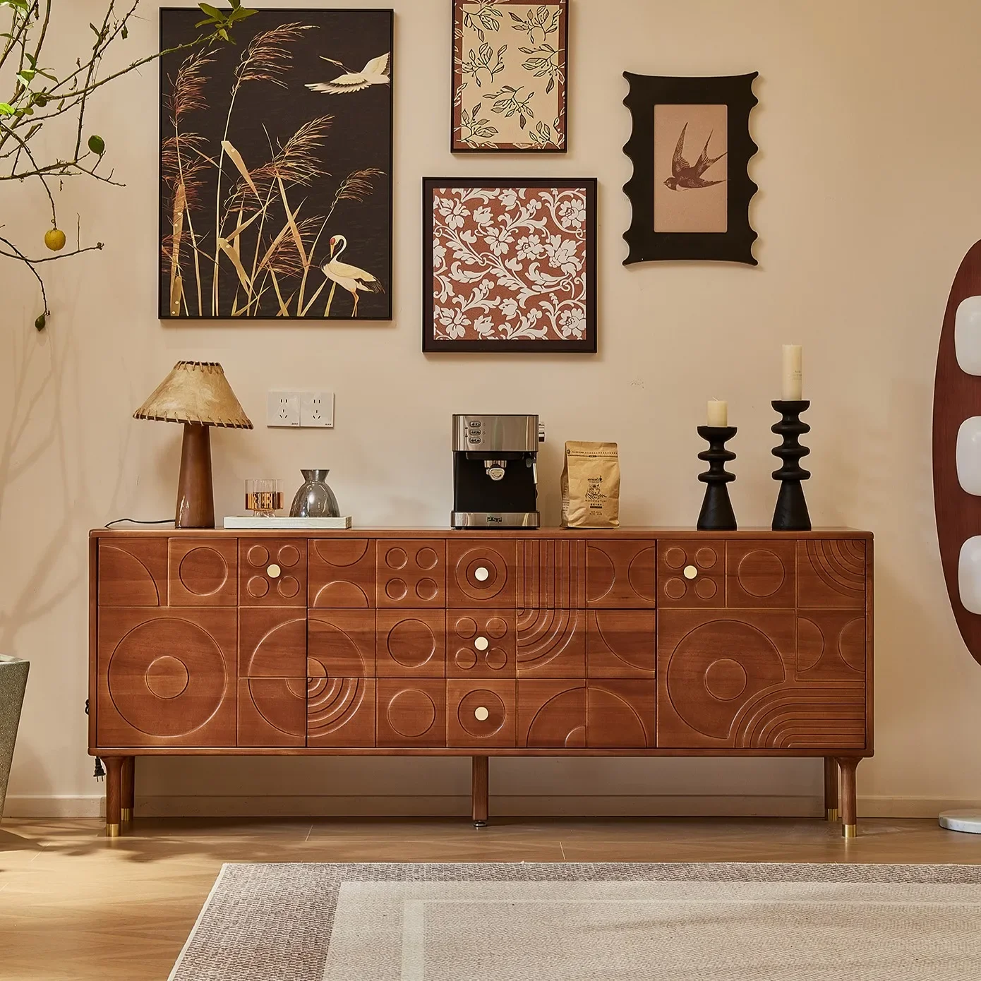 French Solid Wood Mid-Century Sideboard Large Capacity Living Room Storage Cabinet with Entryway Drawer