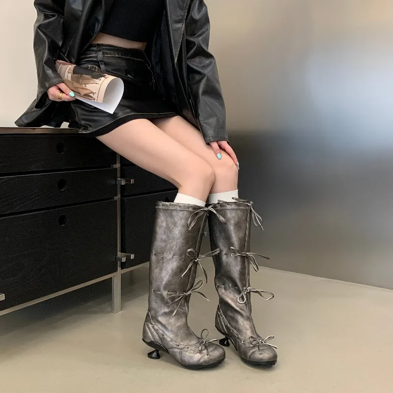 Eilyken 2026 Cosy Non-Slip Low Heels Women Knee-High Boots Designer Narrow Band Butterfly-knot Shoes Autumn Winter Long Booties
