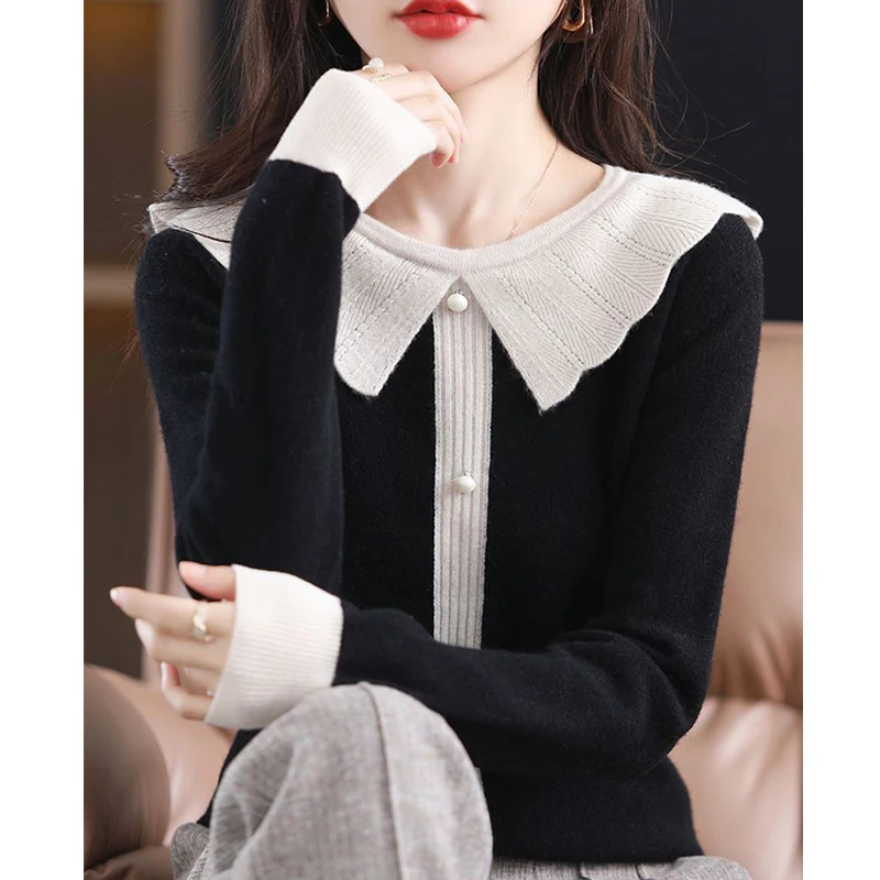 Clothes for Women Stylish Contrast Color Patchwork Sweet Soft Knitted Sweater Autumn Female Long Sleeve Loose Chic Pullover Tops