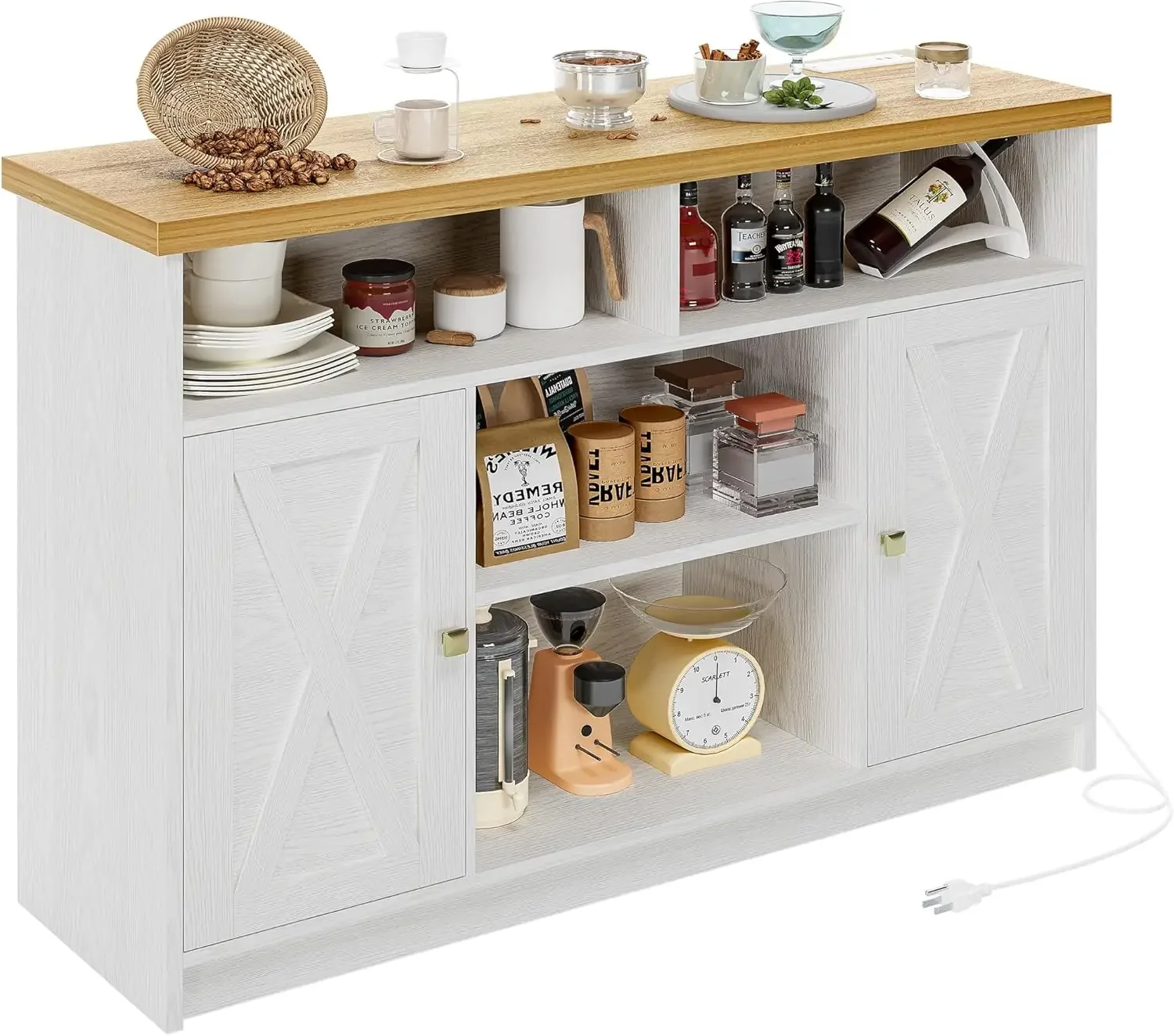 Coffee Bar Cabinet with Power Strip, 47” Storage Cabinet with Barn Doors and Thickened Top Board, White Sideboard, Buffet