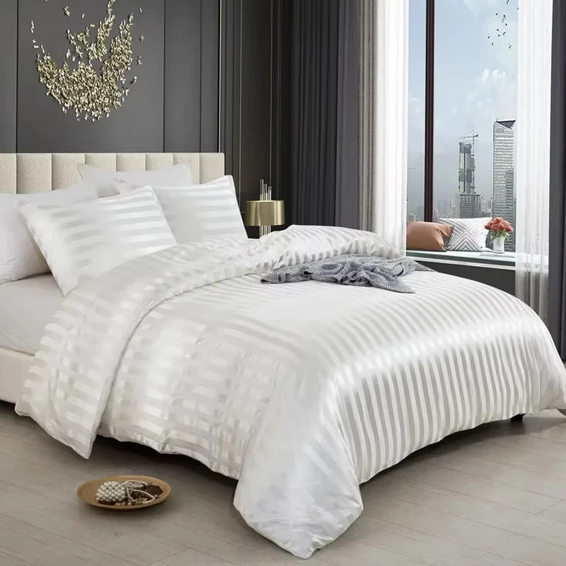 wasart-サテンストライプアイボリーホワイト布団カバー高級寝具セットホテルスタイル-220x240cm-カップル掛け布団セットキングサイズ低刺激性