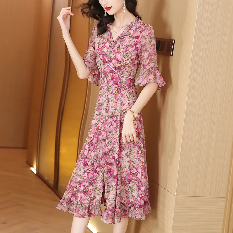 2025 여름 플로럴 시폰 우아한 캐주얼 비치 드레스 실크 시크 V넥 캐주얼 롱 드레스 여성 한국 바디콘 파티 나이트 드레스