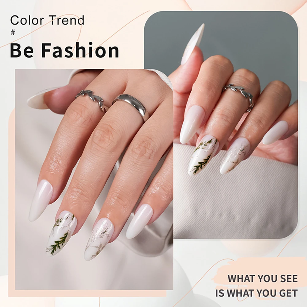 

Cream White Almond-Shaped Wearable Nail Leaf Pattern Simple Artificial False Nail Art Patch Removable Girl Manicure Fashion Gift