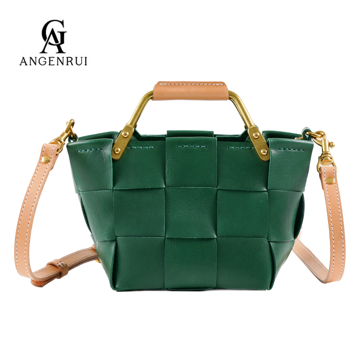 ANGENGRUI• Luxury Genuine Leather Handmade Women\'s Bag Vegetable Tanned Leather Woven Basket Tote Bag Fashion Messenger Bag