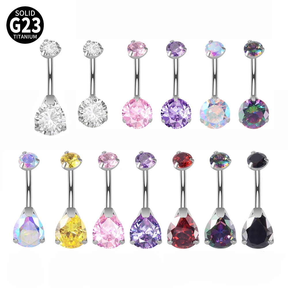 1PC G23 Titanium Zircon Belly Button Rings Prong WaterDrop Round CZ Navel Piercing Curved Banana Sexy Body Jewelry