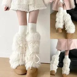 Women's Winter Furry White Leg Warmers, Stockings, Harajuku Vintage Warm Leggings, Boot Cuffs with Ribbon Bowknot, Fuzzy Sock