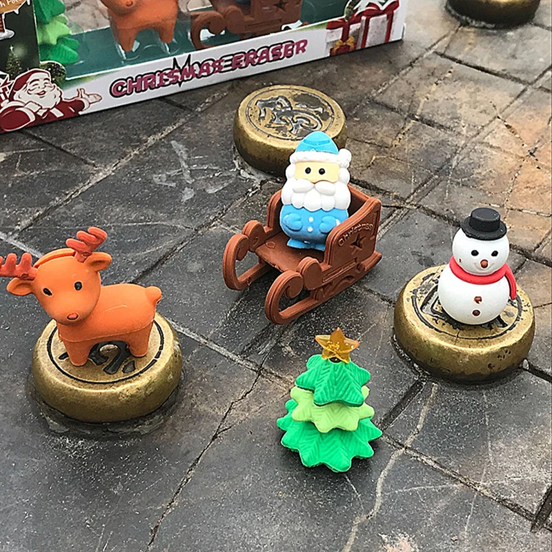 Cute Christmas Erasers Snowman Santa Mini Rubber Eraser Kawaii Stationery School Office Correction Supplies Kid Gift 1 Set