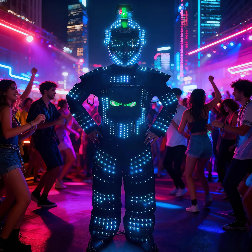 2025 رائجة البيع LED روبوت البدلة APP التحكم تضيء زي لحفلة الهذيان DJ الرقص هالوين تأثيري أداء المرحلة