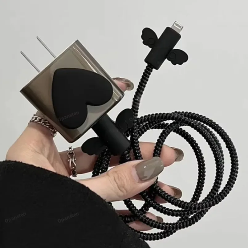 Black Love Bow 18W/20W USB Charger Protective Case Sets Cable Protector For Apple iPhone 16 15 Charging Cable Data Charger Rope image 2