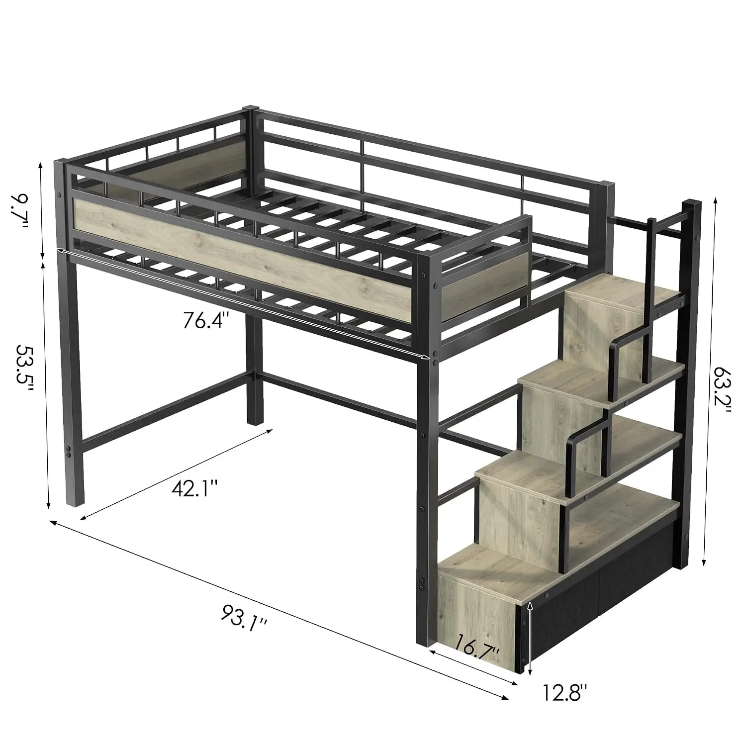 Twin Loft Bed With Stairs, Heavy Duty Metal With Storage, Black, Customized