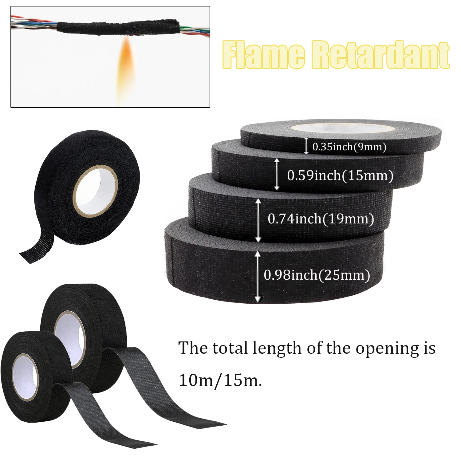 1 個 10/15 メートル耐熱難燃テープ粘着布テープ車のケーブルハーネス配線織機保護用