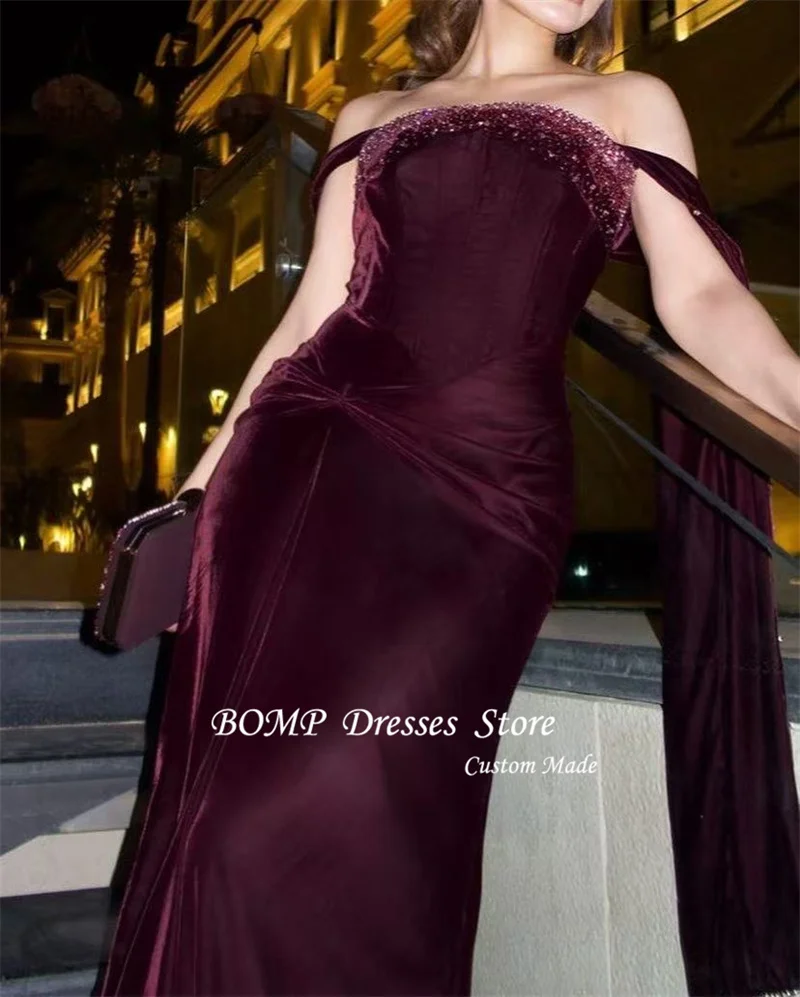 BOMP Sexy Off Shoulder Formal Evening Dresses Shiny Beads Velvet Wine Red Prom Gowns Plus Size Wedding Guest Party Customized