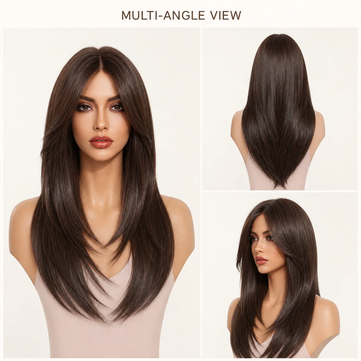 13x6 Lace Frontal Chocolate Brown Long Layered Wig for Women Middle Part Straight Hair Face Framing Natural Look