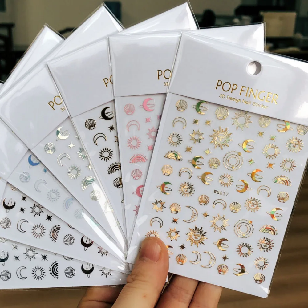 

1Pcs 3D Sun Starry Sky Moon Nail Sticker Self-Adhesive Star Laser Colorful Rose Gold Silver Black White DIY Nail Decals