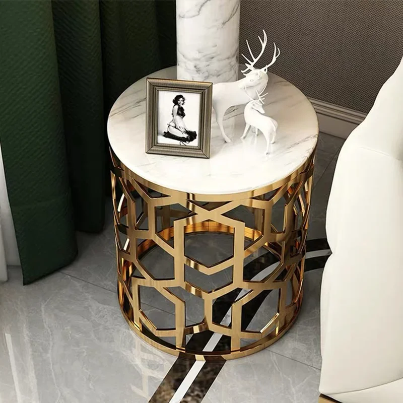 Small Auxiliary Service Tables Sofa Round Side Table For Home Golden Frame Natural Marble Top End Desk In Living Room Furniture