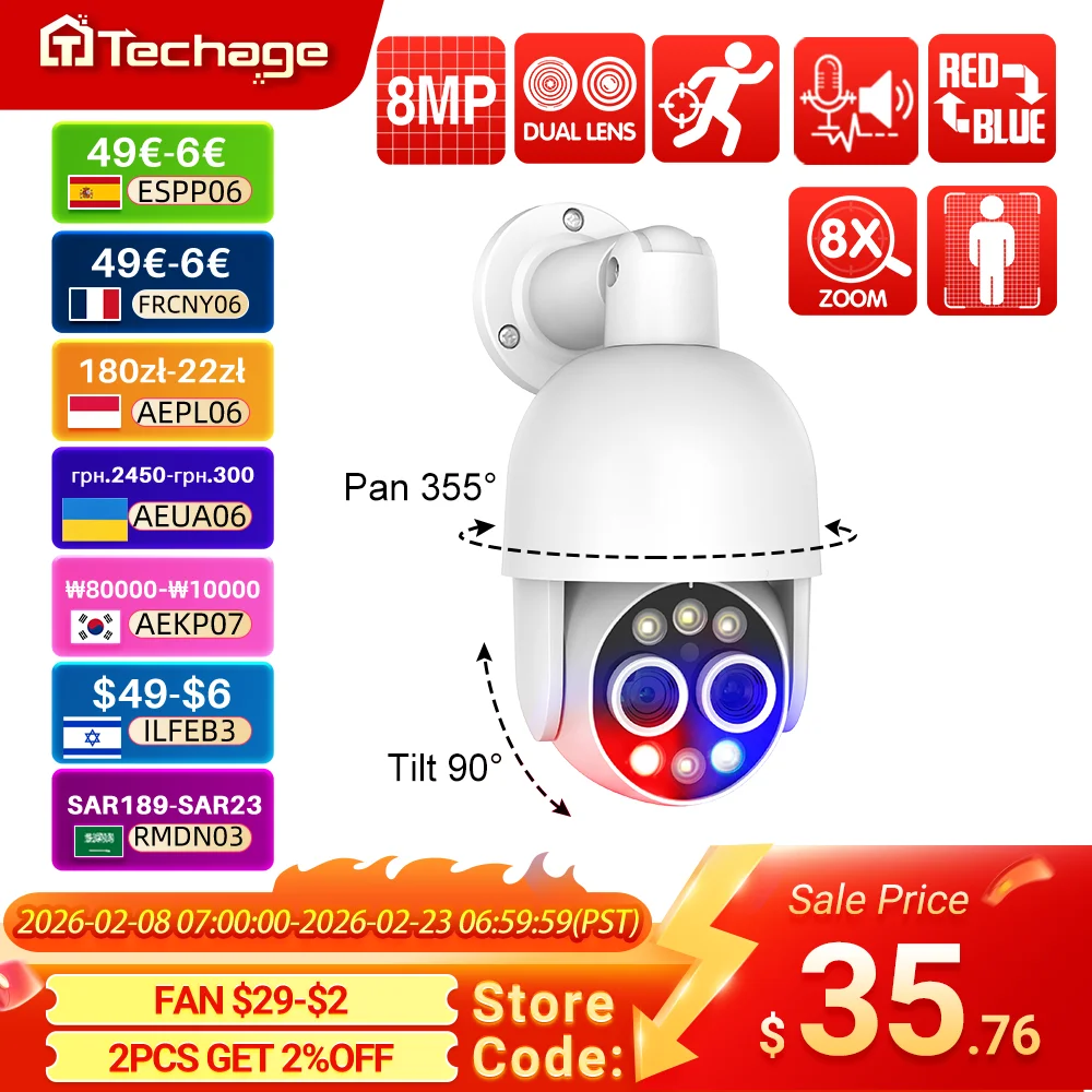 

Techage 8MP PTZ Camera Dual Lens POE IP Camera 8X Hybrid Zoom Auto Tracking Colorful Night Vision for Security Surveillance Kit