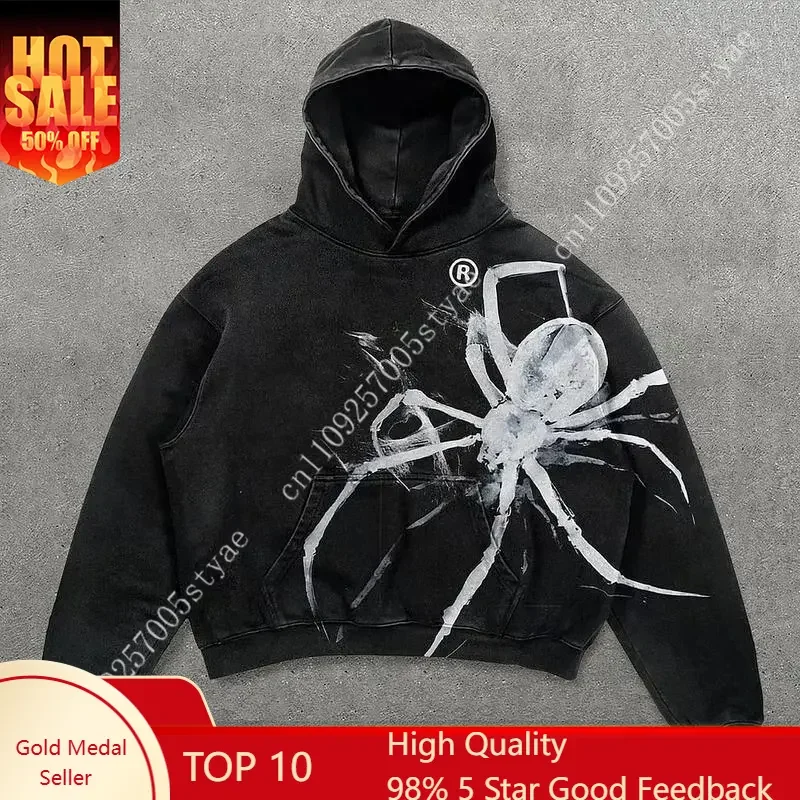 

Vintage Spider Graphic Acid Washed Hoodie , Full Size,daily wear Menswear Garment Fashion Trends