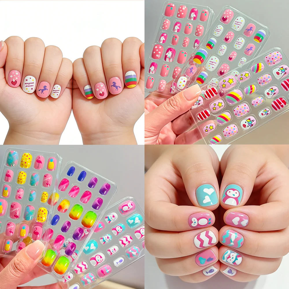 

192Pcs/Box Mixed Unicorn&Star/Rainbow/Flowers Fake Nails Colorful Short Square Press On Nail With Jelly Glue DIY Girl Nail Tips