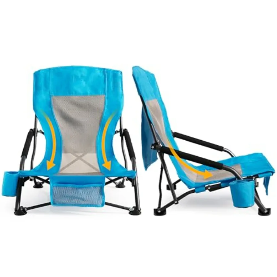 

Portable Folding Beach Chair for Adults Set of 2 Lightweight Low Back Sling Chair in Blue with Cup Holder Storage Pocket, 300lb