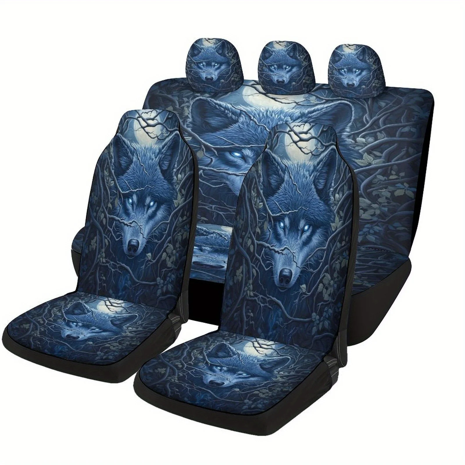 

Wolf In Moonlight Forest Car Seat Cover Set - Stylish Blue & White Design With Howling Wolves & Moonlit Trees, Universal Fit For